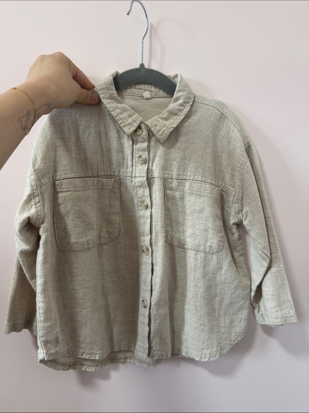 Kids Natural Beige Button-Up Shirt - Lightweight Long Sleeve Top